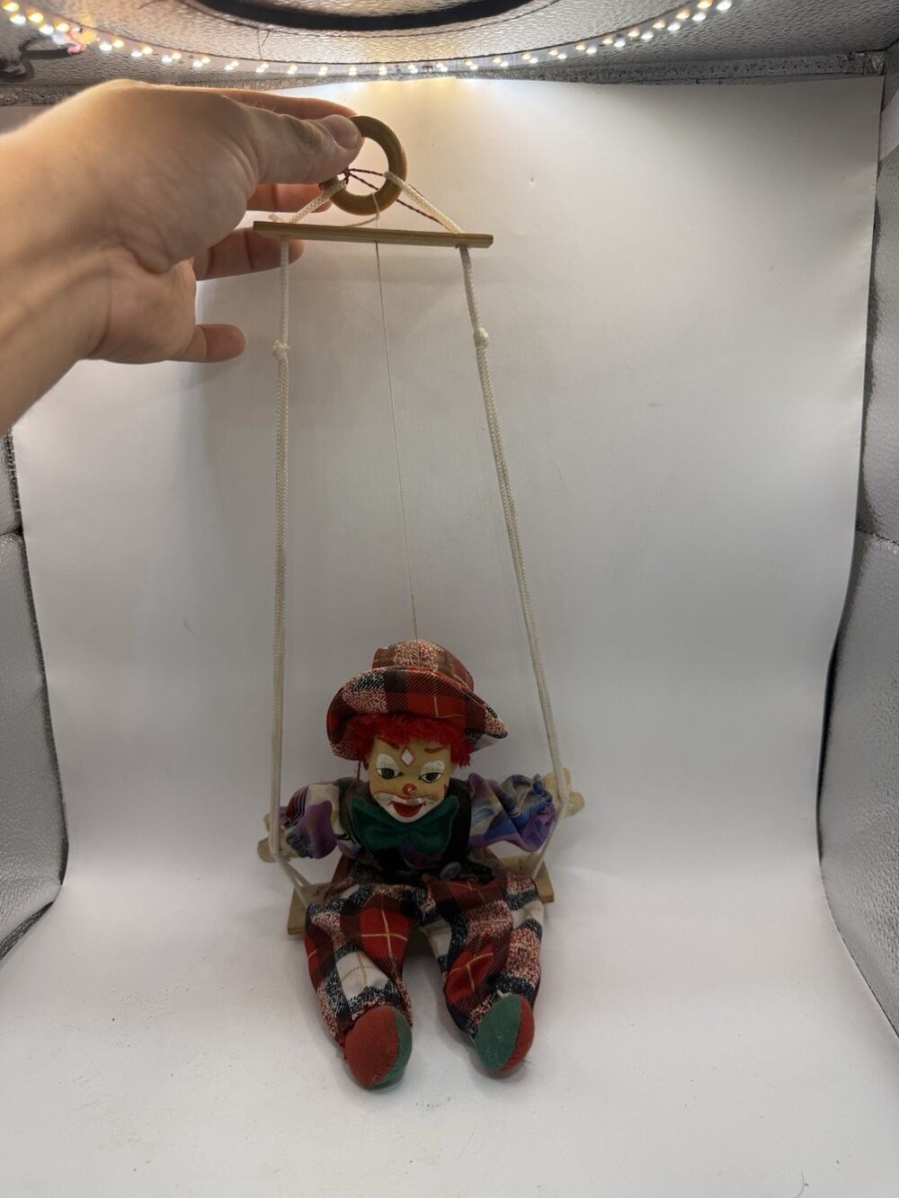 Vintage Porcelain Face Clown Doll on Wooden Swing Plaid Hanging Marionette *